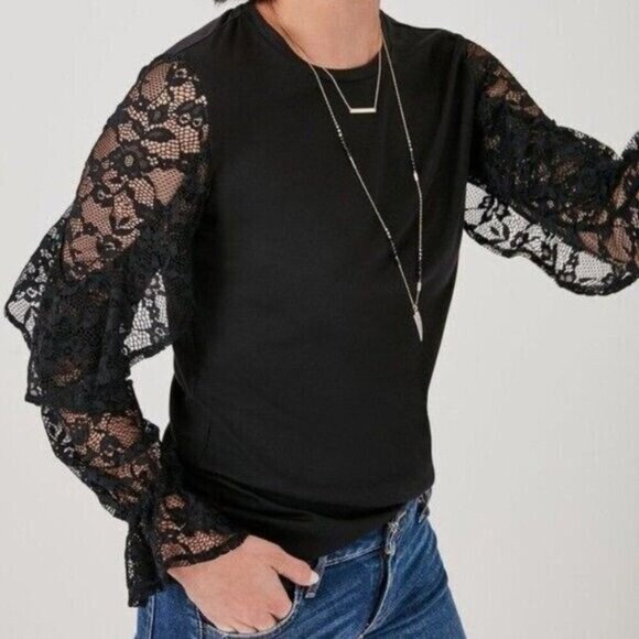 Stella And Dot Top Womens 1X Black LS Lace Ruffles Goth Whimsigoth Witchy Boho - Picture 11 of 12
